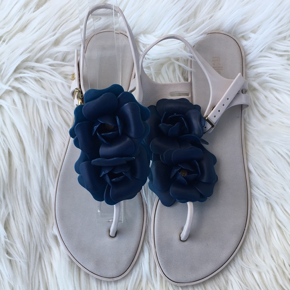 Melissa Beige With Navy Blue Double Flowers T-Strap Sandals